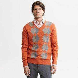 Banana Republic Silk Cashmere Argyle V-Neck Pullover Sweater, Cayenne Orange, M